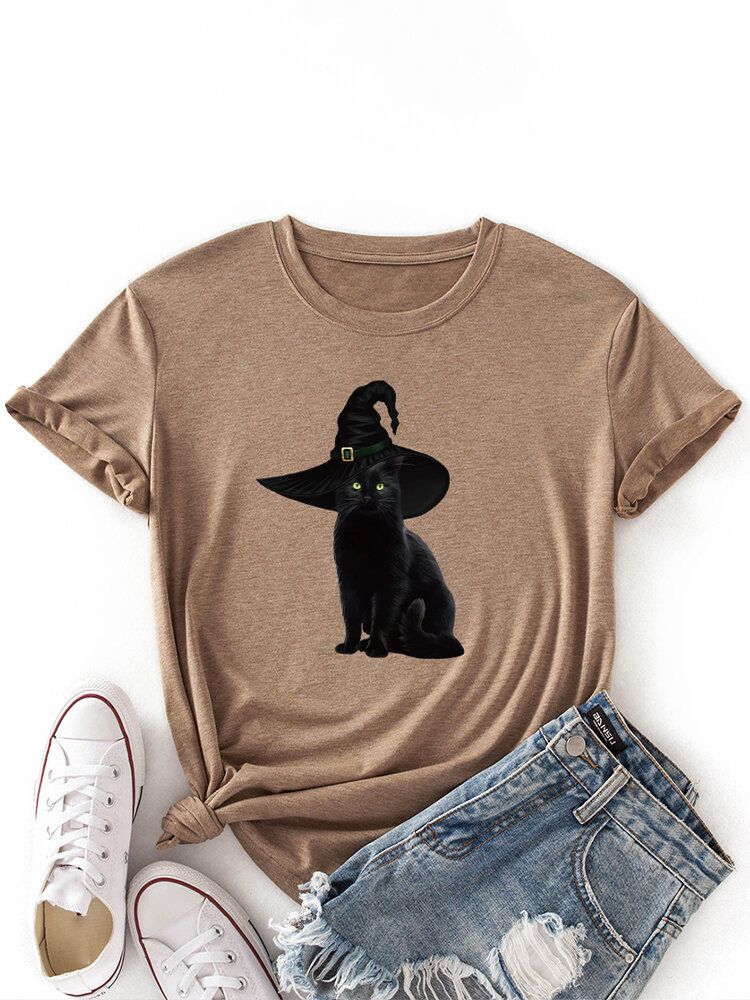 Dam Svart Katt Mönstertryck O-ringad Kortärmad Casual Tunn T-shirt