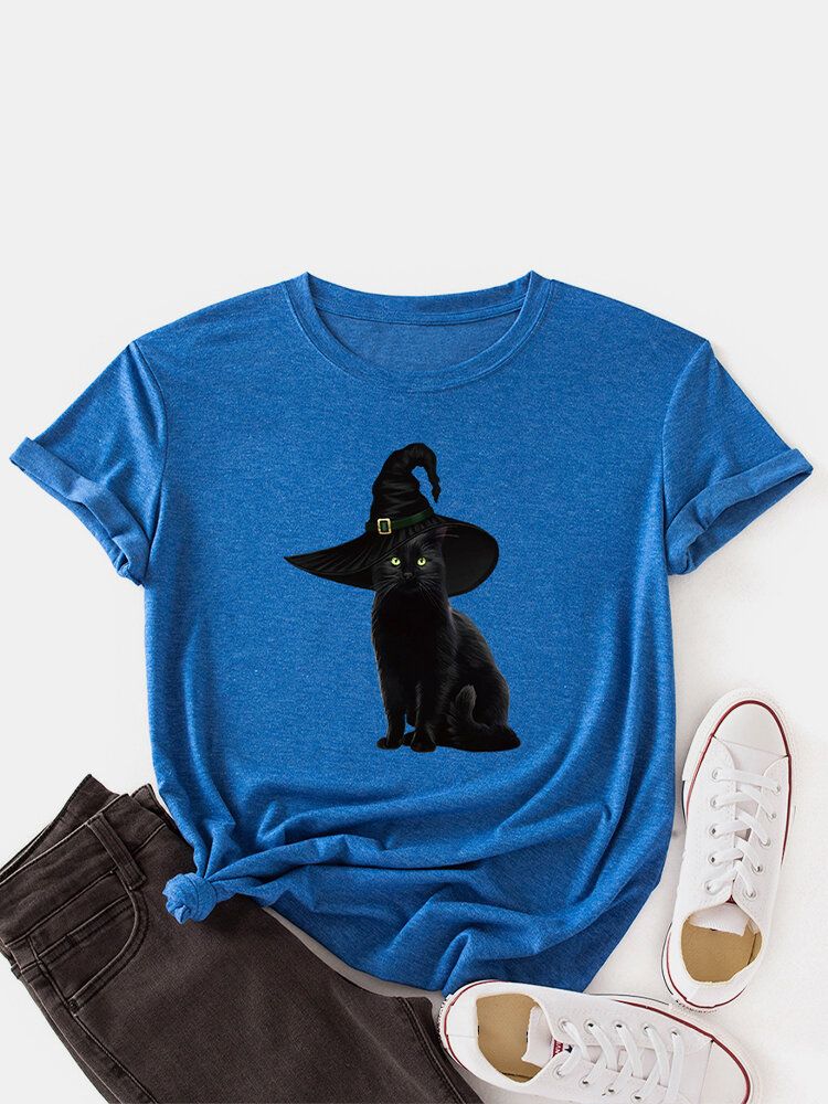 Dam Svart Katt Mönstertryck O-ringad Kortärmad Casual Tunn T-shirt