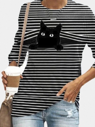 Dam Svart Katttryck Långärmad O-ringad Randig Casual T-shirt