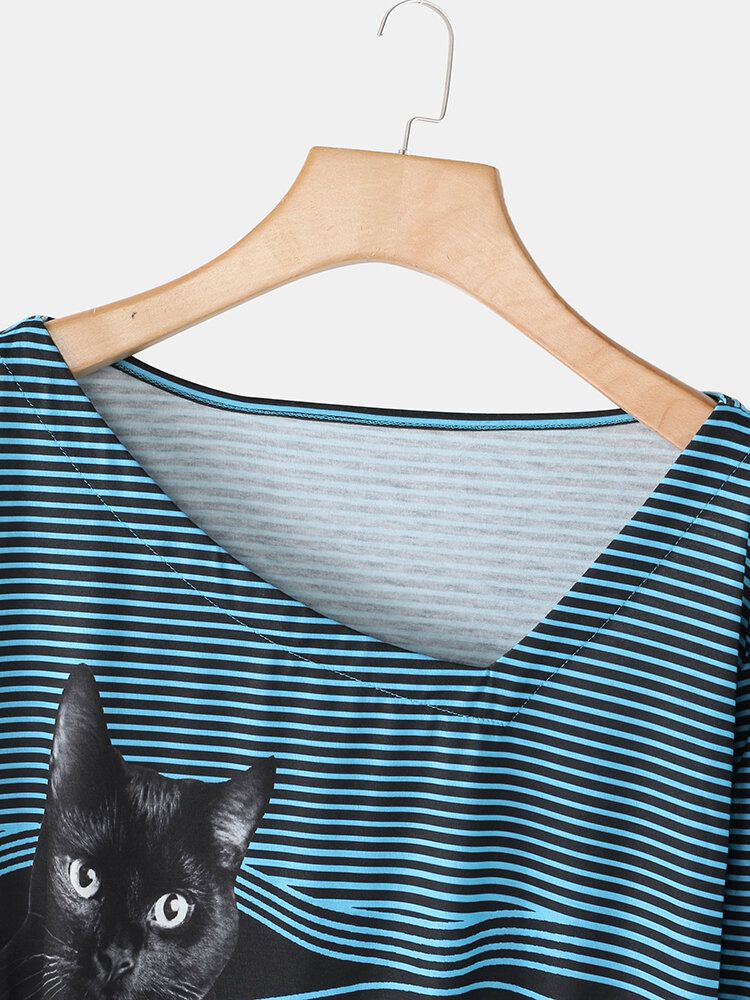 Dam Tecknad Katt Randig V-ringad Casual Långärmad T-shirt