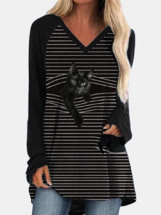 Dam V-ringad Stripe Back Cat Print Långärmade Casual T-shirts