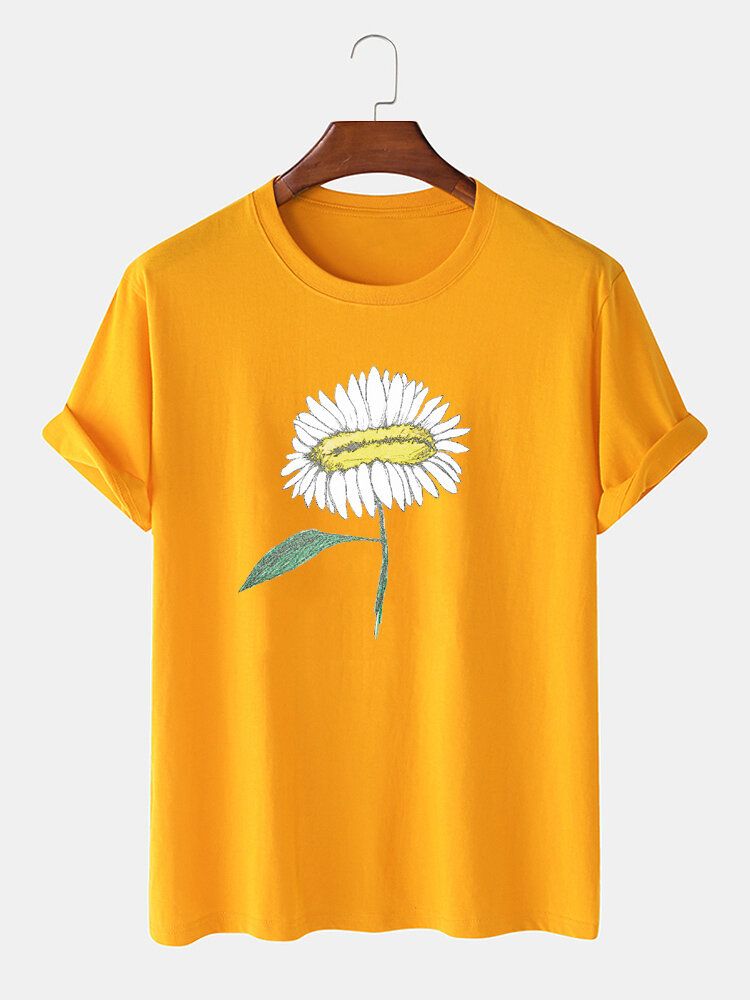 Handmålade Blomstertryck För Män 100% Bomull O-ringad Kortärmad T-shirt