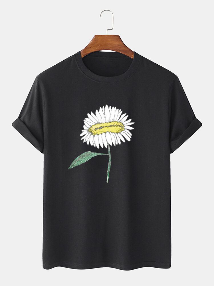 Handmålade Blomstertryck För Män 100% Bomull O-ringad Kortärmad T-shirt