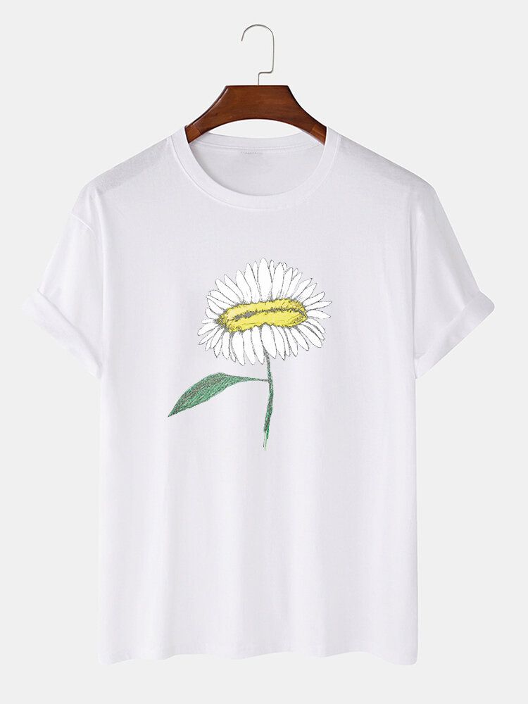 Handmålade Blomstertryck För Män 100% Bomull O-ringad Kortärmad T-shirt