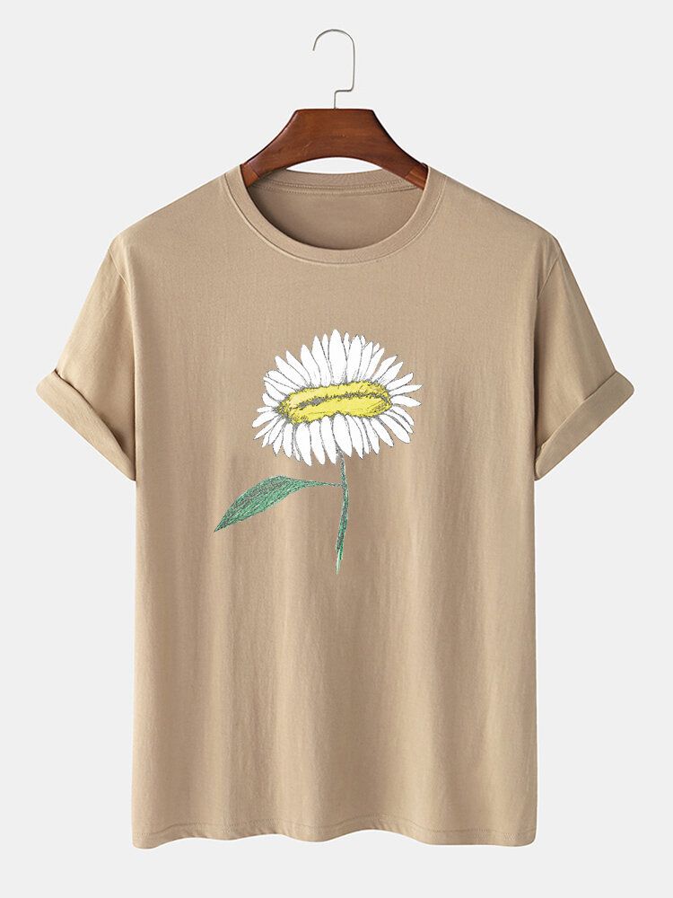 Handmålade Blomstertryck För Män 100% Bomull O-ringad Kortärmad T-shirt