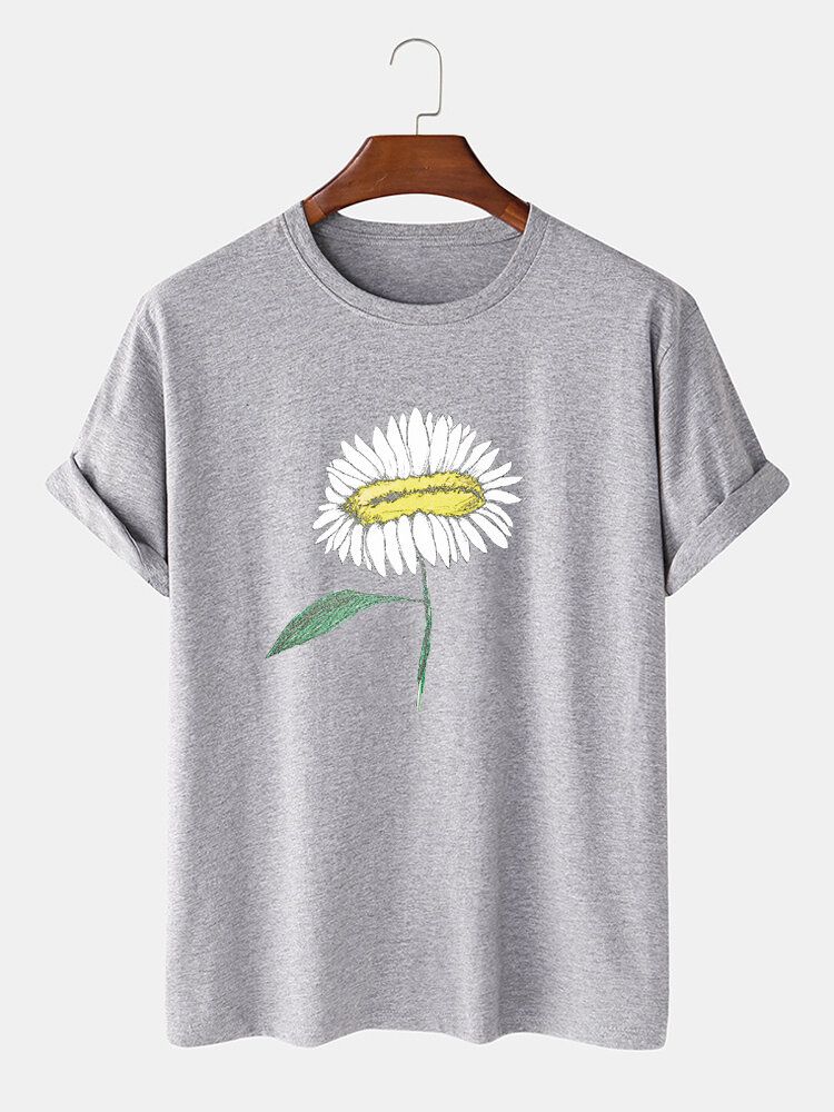 Handmålade Blomstertryck För Män 100% Bomull O-ringad Kortärmad T-shirt