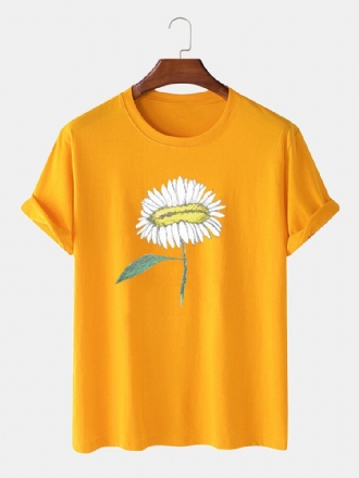 Handmålade Blomstertryck För Män 100% Bomull O-ringad Kortärmad T-shirt