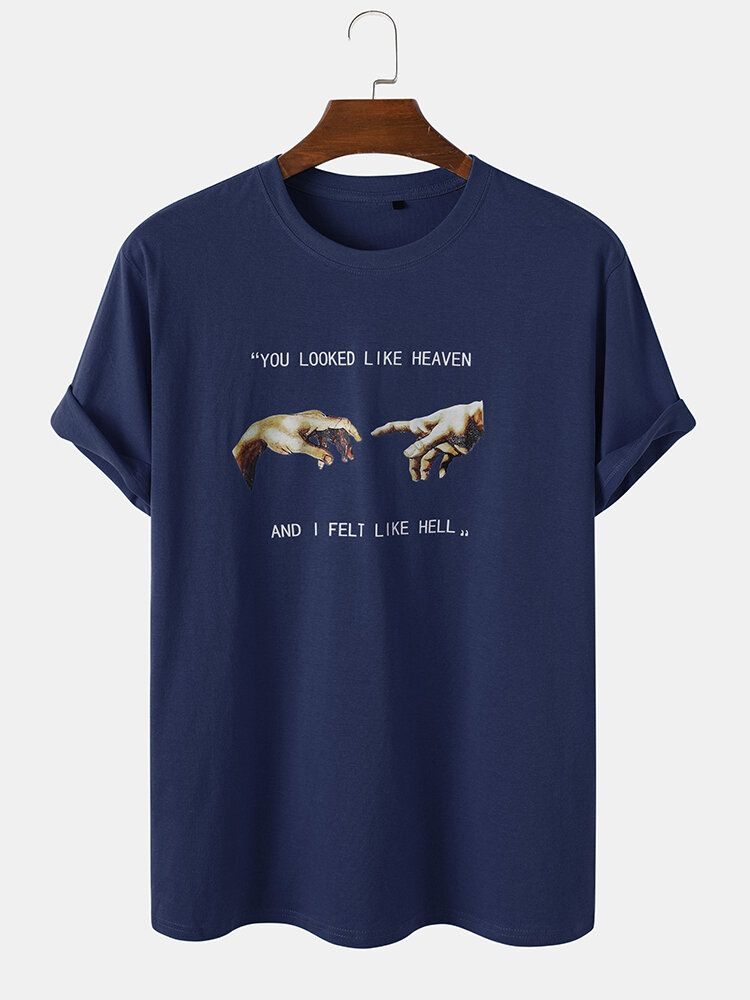 Handslogantryck För Män 100% Bomull Casual Lös Kortärmad T-shirt