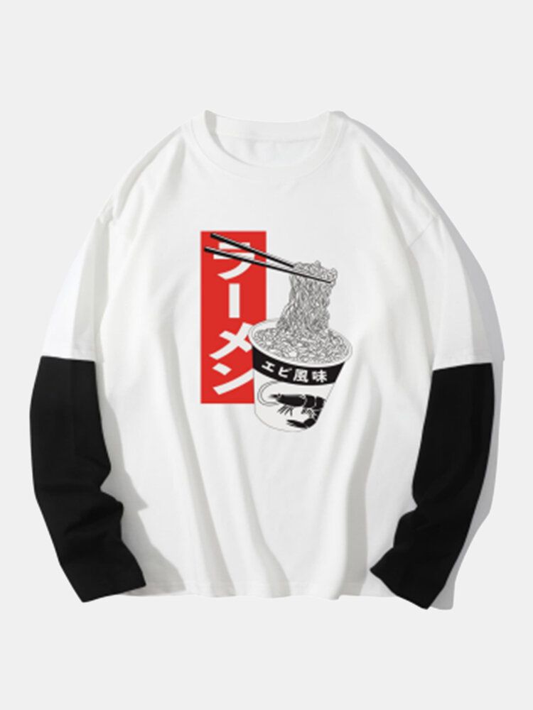 Herr 100% Bomull Japanska Nudlar Tryck 2 I 1 Långärmade T-shirts