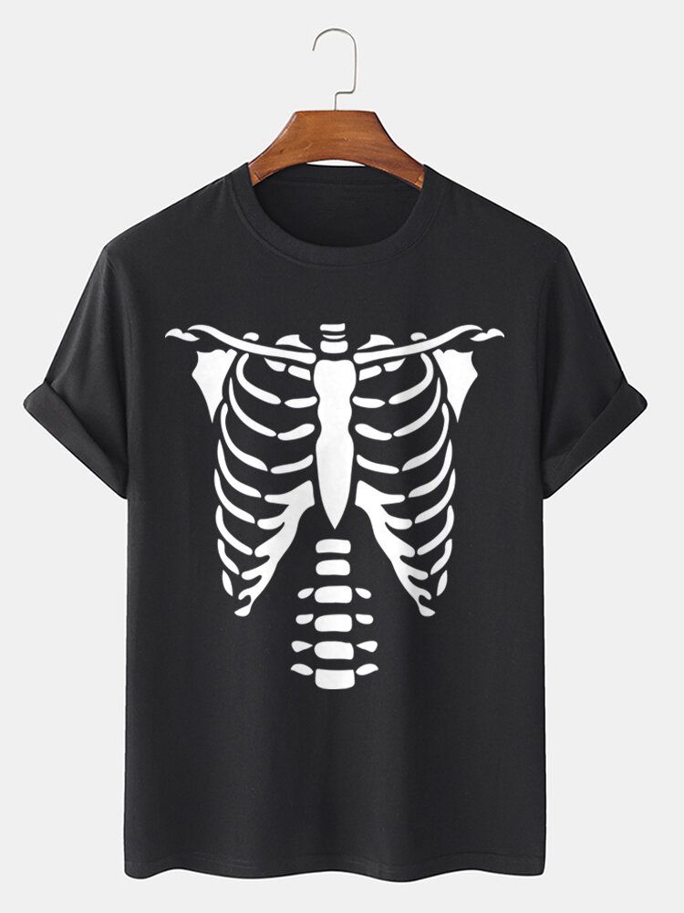 Herr 100% Bomull T-shirt Med Tryck För Halloween Skelettben