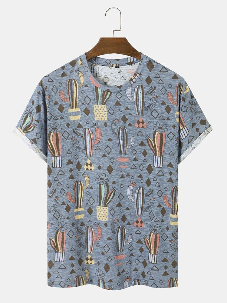 Herr 100% Bomull Tecknad Cactus Print Andas Kortärmad Fritids-t-shirt