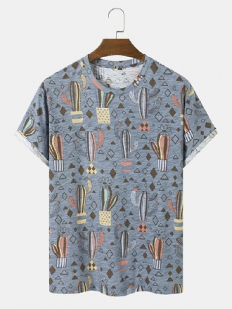 Herr 100% Bomull Tecknad Cactus Print Andas Kortärmad Fritids-t-shirt