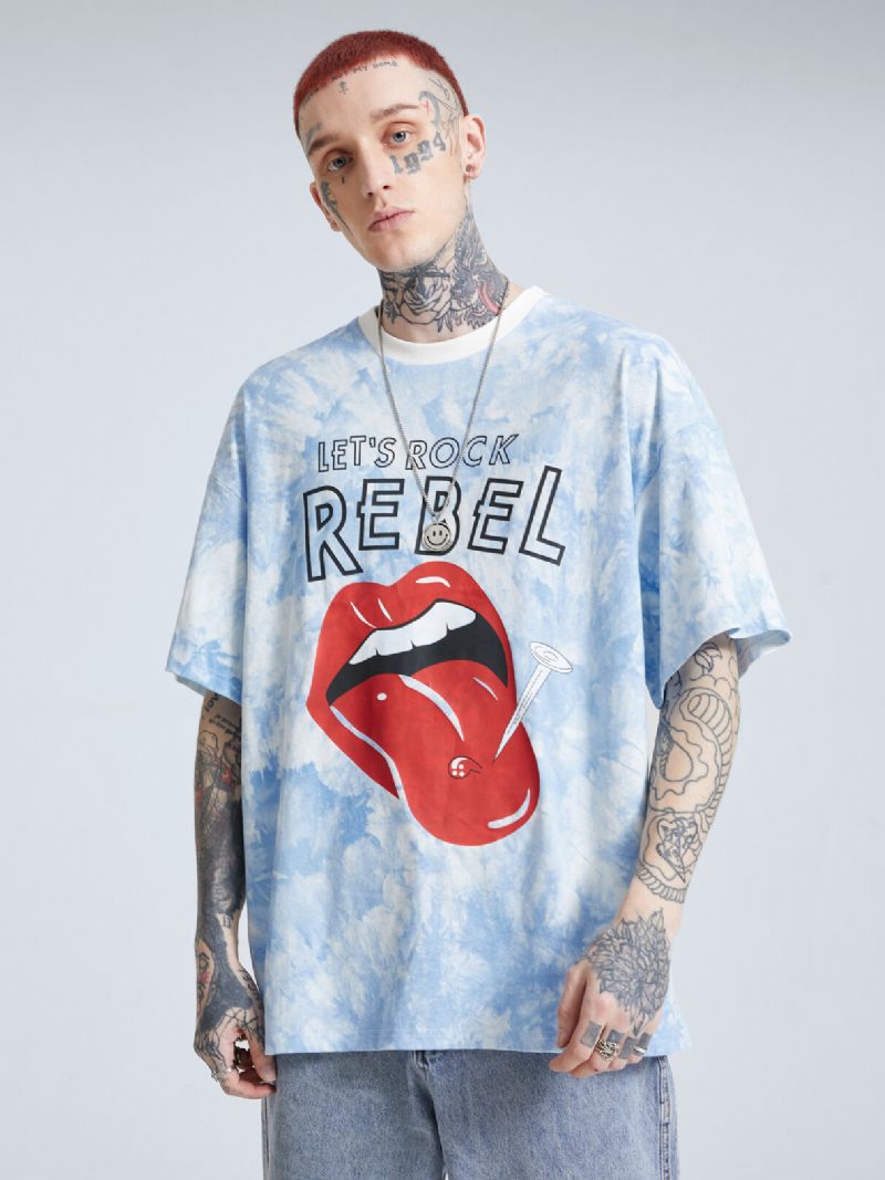 Herr 100% Bomull Tie Dye Läpp-och Naglartryck Hudvänlig Lös Casual T-shirt