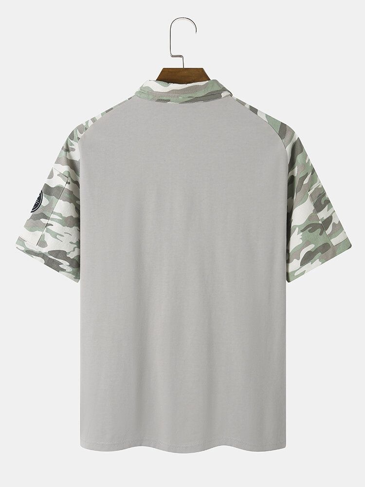 Herr Camo Patchwork Ikonmönster Halv Dragkedja Mjuk Ventilerande Kortärmad T-shirt