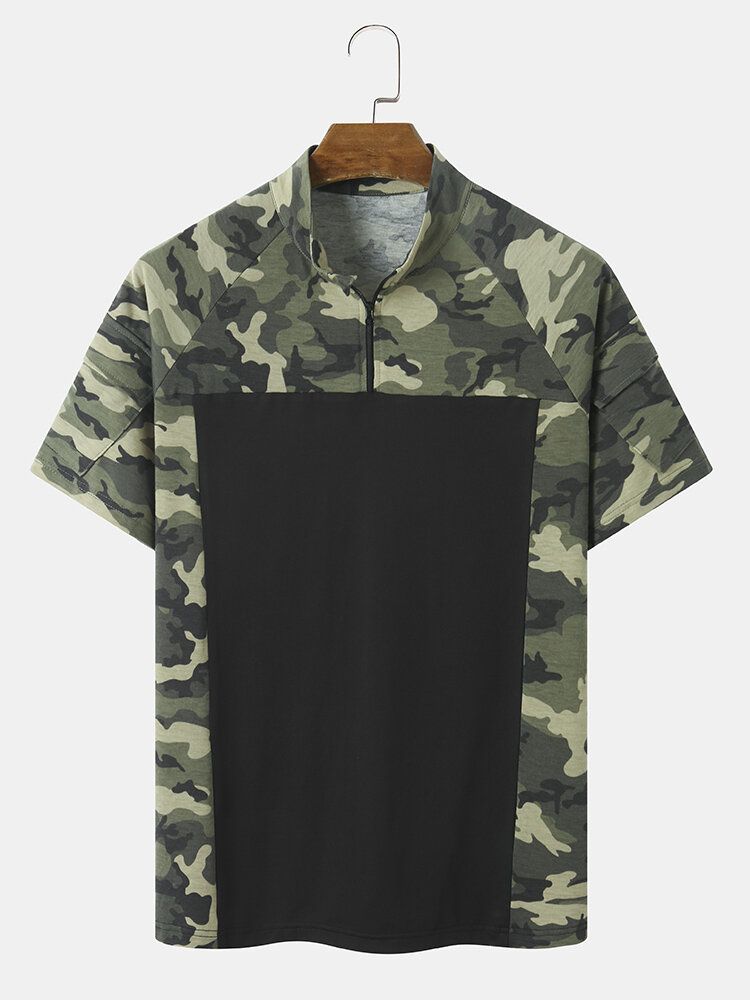 Herr Camo Print Patchwork Front Zip Hudvänlig Kortärmad Casual T-shirt