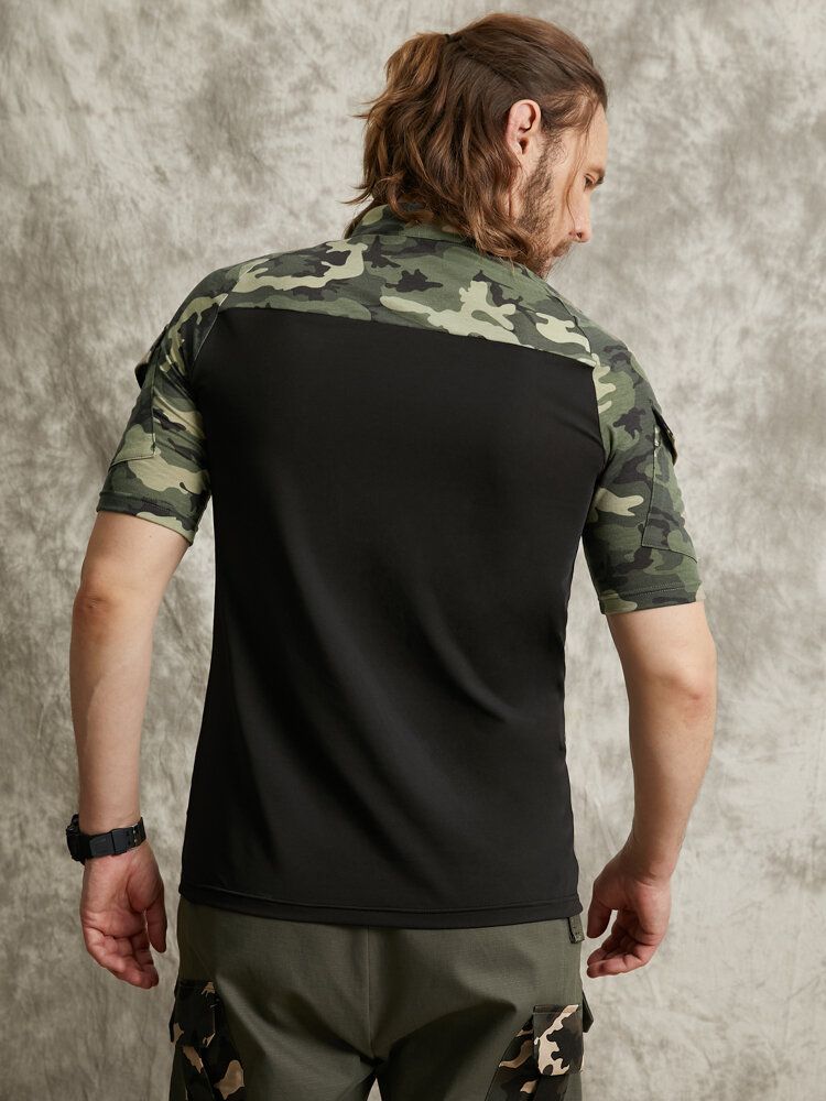 Herr Camo Print Patchwork Front Zip Hudvänlig Kortärmad Casual T-shirt