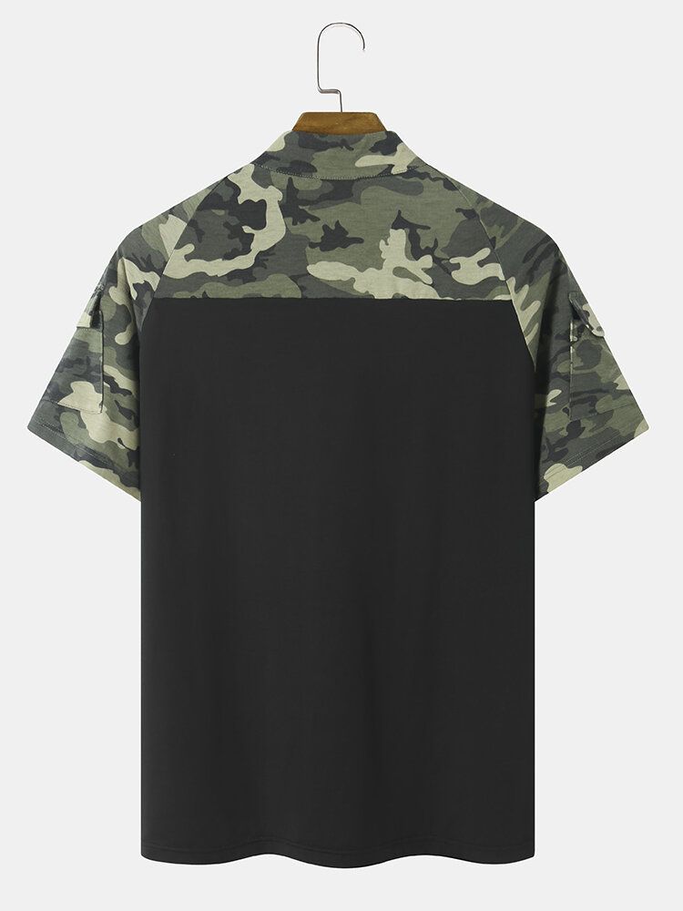 Herr Camo Print Patchwork Front Zip Hudvänlig Kortärmad Casual T-shirt