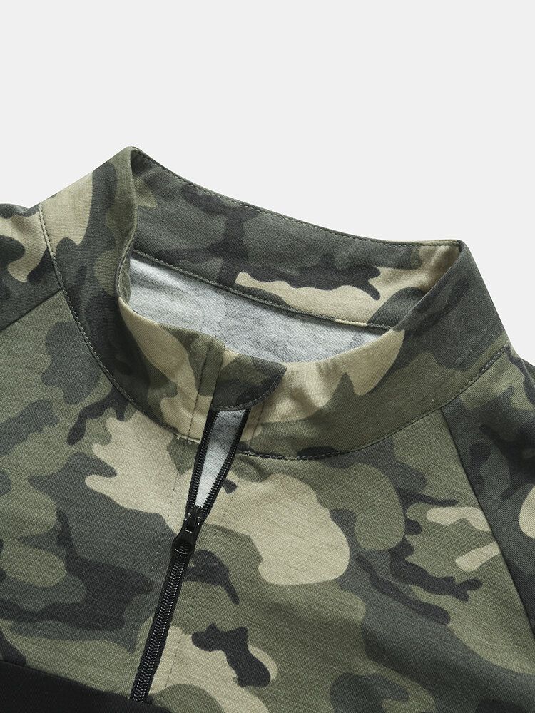 Herr Camo Print Patchwork Front Zip Hudvänlig Kortärmad Casual T-shirt