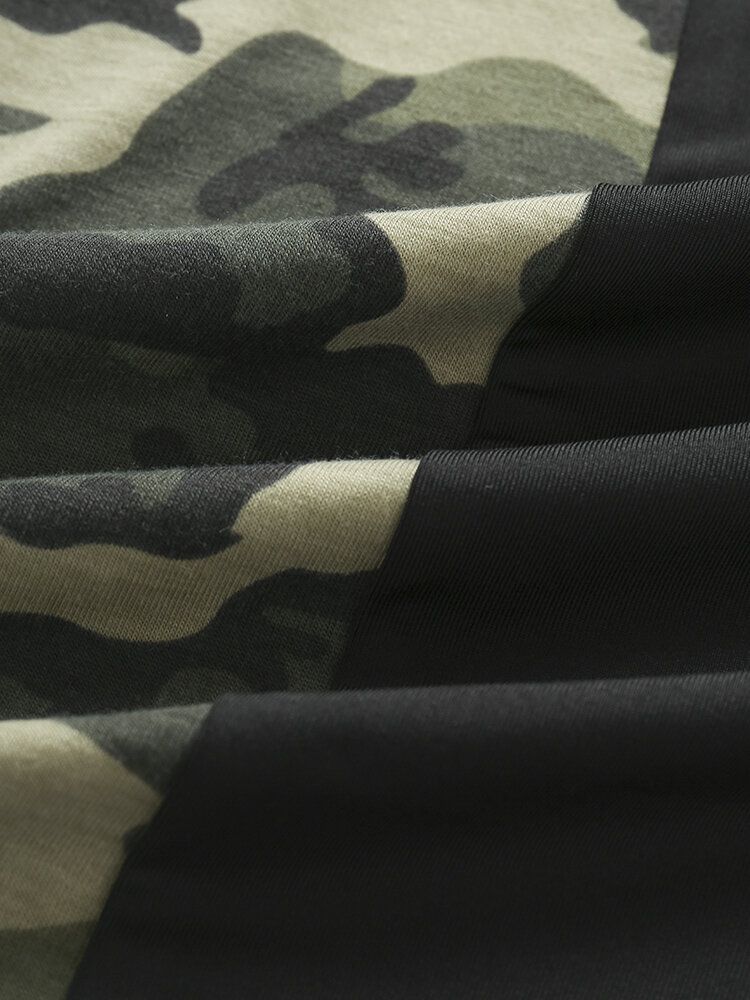 Herr Camo Print Patchwork Front Zip Hudvänlig Kortärmad Casual T-shirt