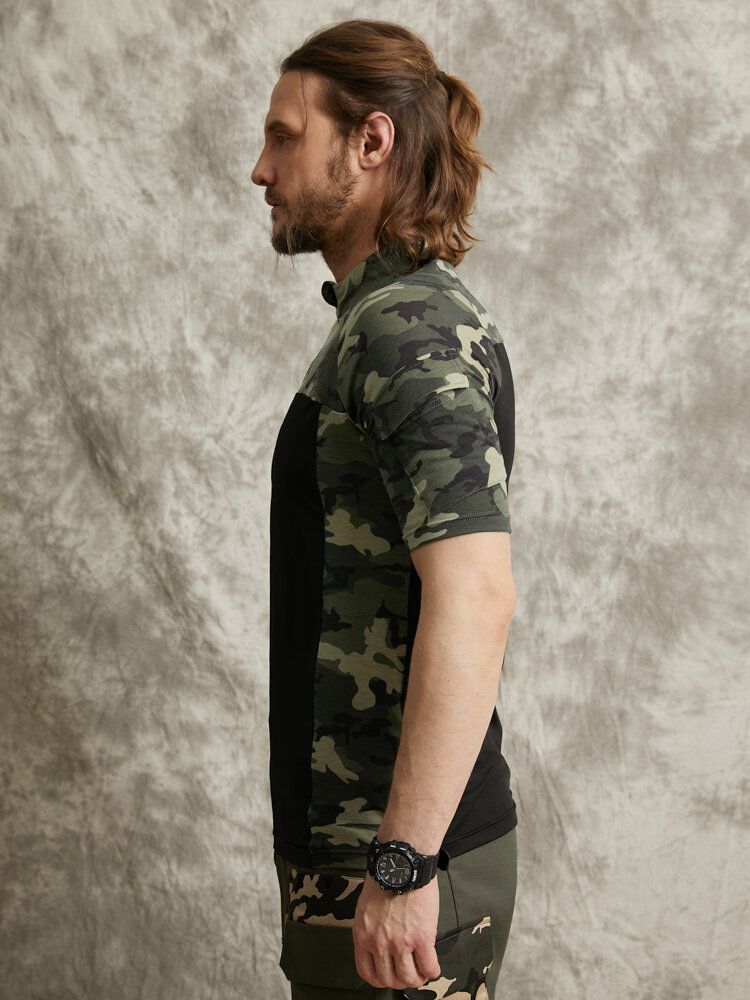 Herr Camo Print Patchwork Front Zip Hudvänlig Kortärmad Casual T-shirt