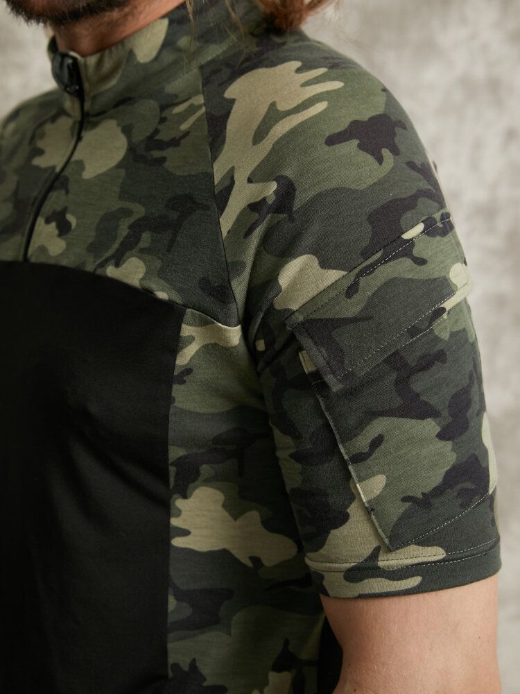 Herr Camo Print Patchwork Front Zip Hudvänlig Kortärmad Casual T-shirt