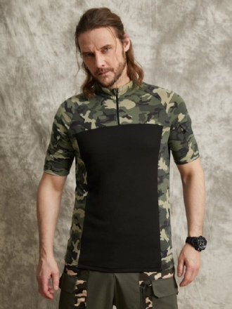 Herr Camo Print Patchwork Front Zip Hudvänlig Kortärmad Casual T-shirt