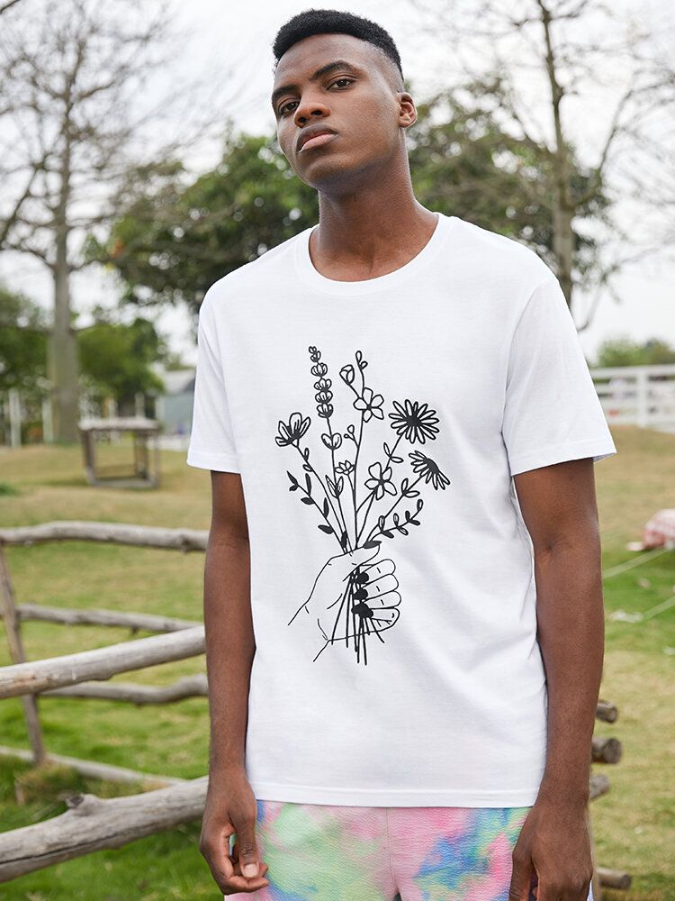 Herr Casual T-shirts I Bomull Med Blommor Med Kort Ärm