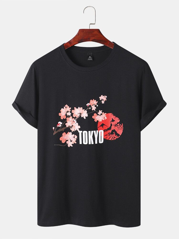 Herr Cherry Blossoms Mountain Print T-shirts Med Korta Ärmar I Bomull