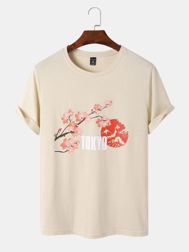 Herr Cherry Blossoms Mountain Print T-shirts Med Korta Ärmar I Bomull