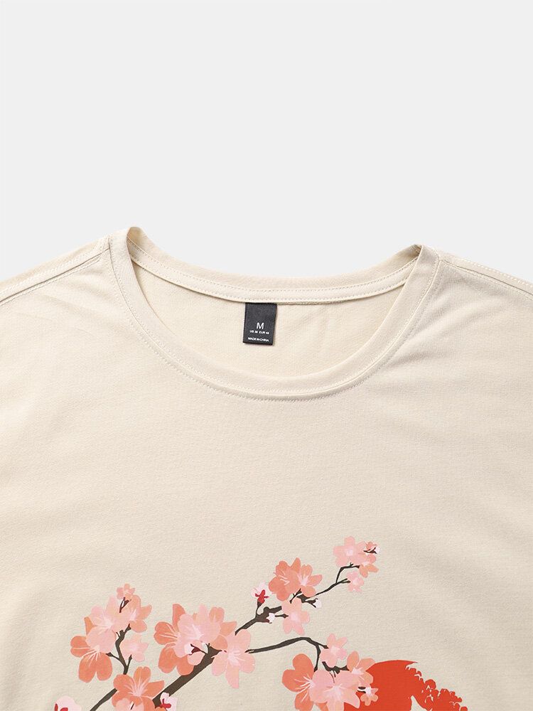 Herr Cherry Blossoms Mountain Print T-shirts Med Korta Ärmar I Bomull