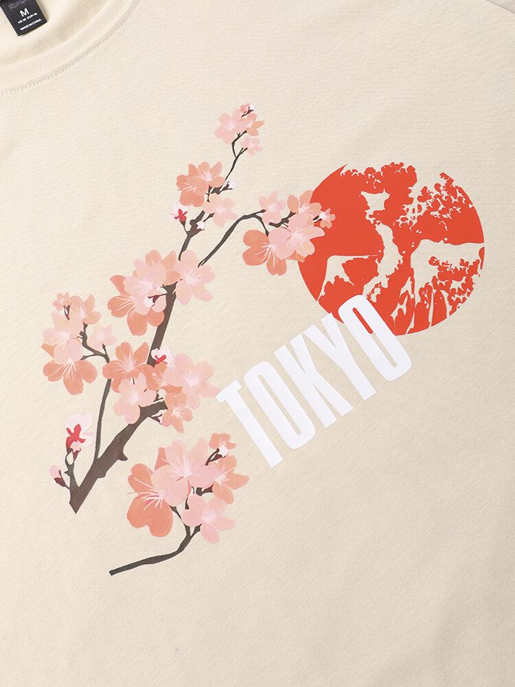 Herr Cherry Blossoms Mountain Print T-shirts Med Korta Ärmar I Bomull