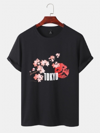 Herr Cherry Blossoms Mountain Print T-shirts Med Korta Ärmar I Bomull