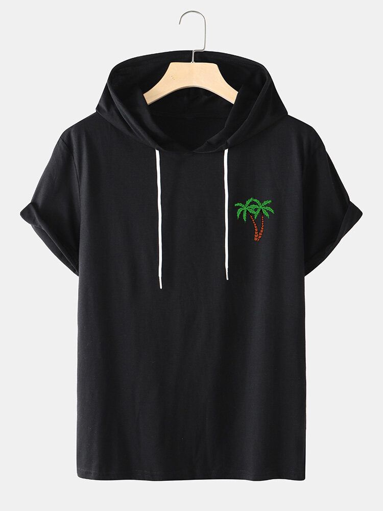 Herr Coconut Tree Hooded Chest Print Casual T-shirts