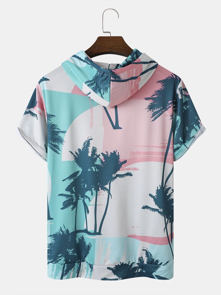 Herr Coconut Tree Print Huva Dragsko Kortärmade Casual T-shirts