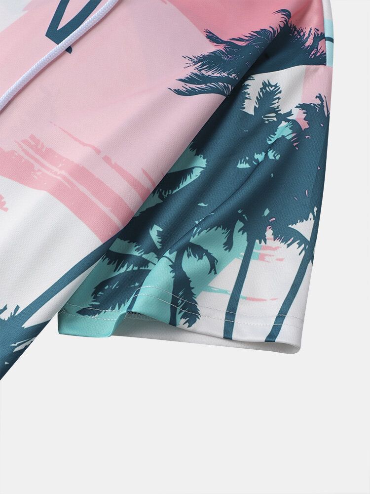 Herr Coconut Tree Print Huva Dragsko Kortärmade Casual T-shirts