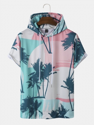 Herr Coconut Tree Print Huva Dragsko Kortärmade Casual T-shirts