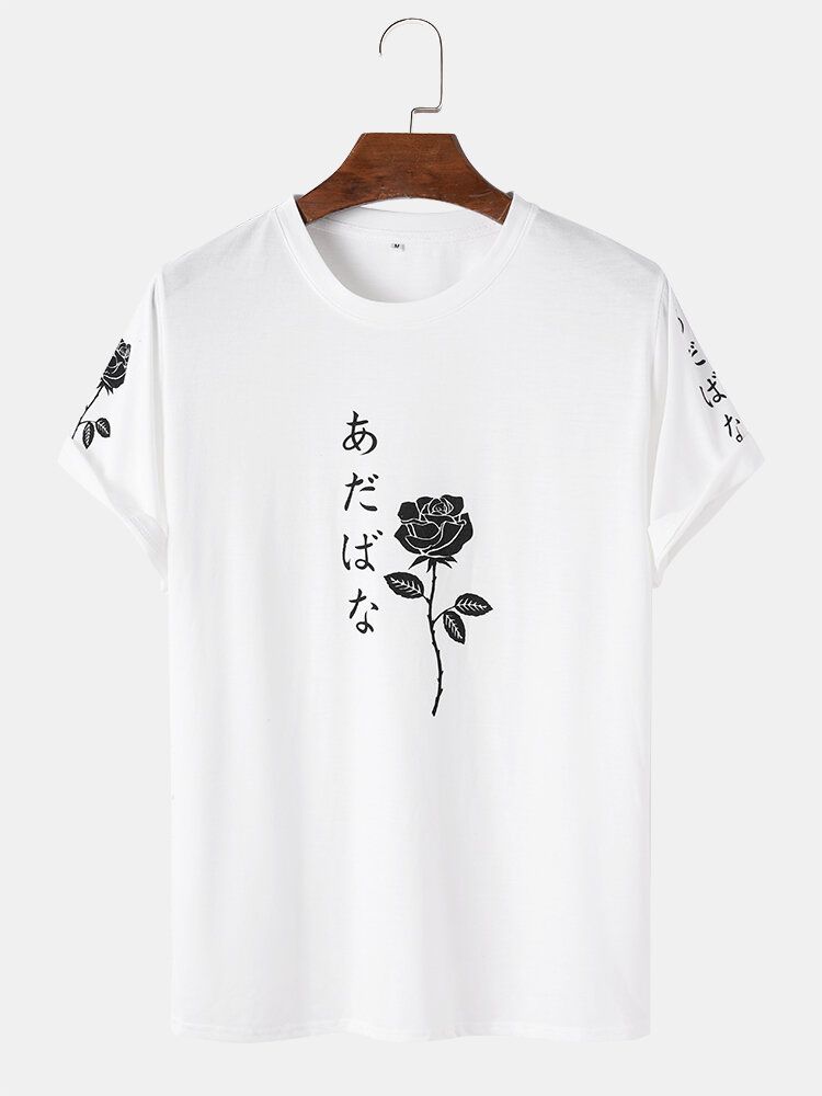 Herr Japanska Karaktärer Rose Print Kortärmade T-shirts