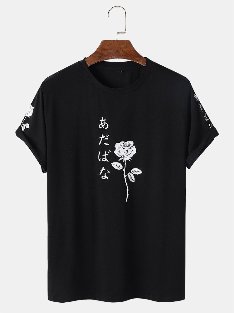 Herr Japanska Karaktärer Rose Print Kortärmade T-shirts