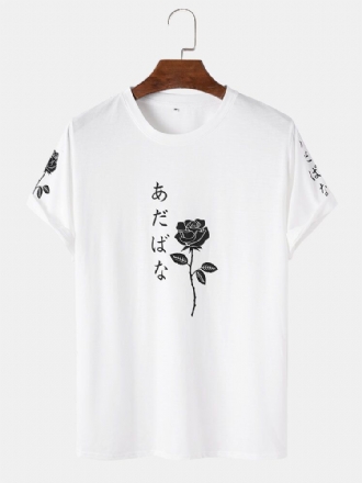 Herr Japanska Karaktärer Rose Print Kortärmade T-shirts