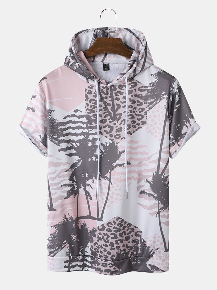 Herr Palm Tree Leopard Hooded Dragsko Kortärmade Casual T-shirts