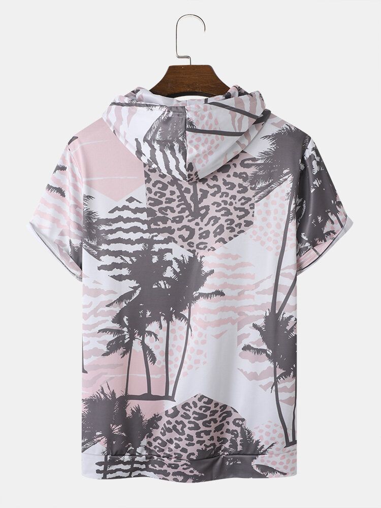 Herr Palm Tree Leopard Hooded Dragsko Kortärmade Casual T-shirts