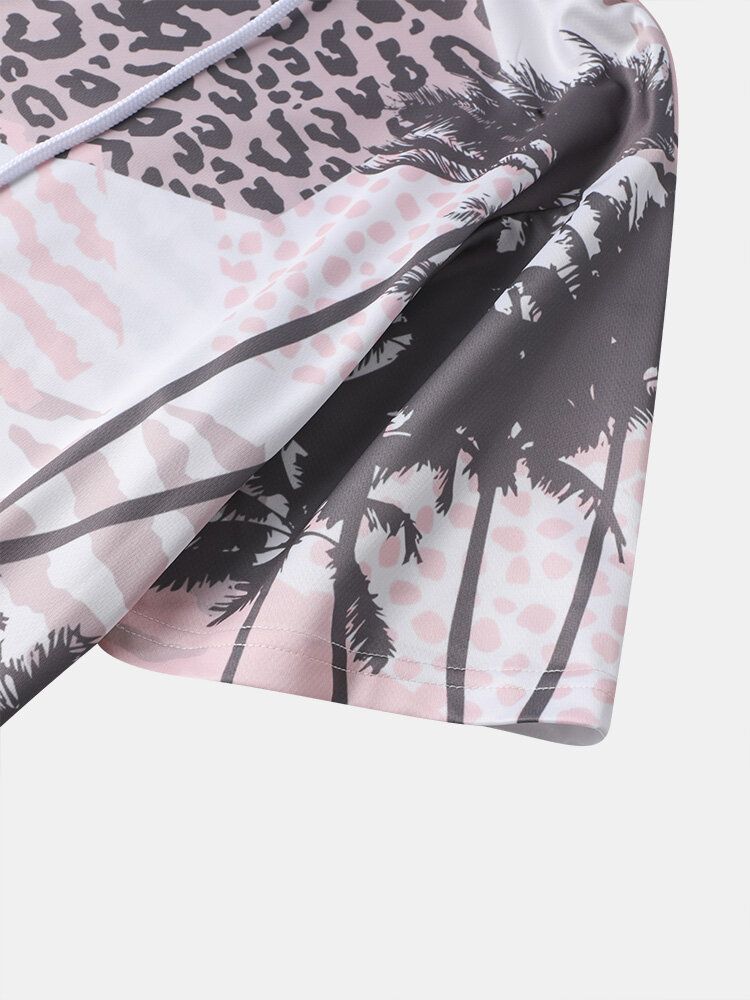 Herr Palm Tree Leopard Hooded Dragsko Kortärmade Casual T-shirts