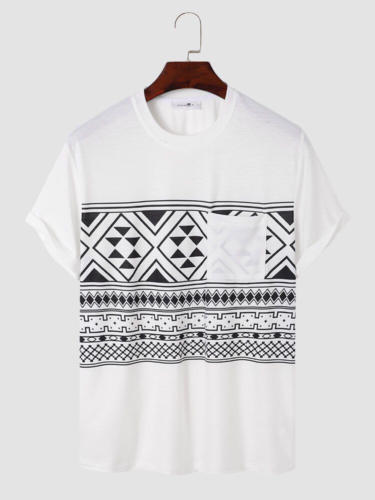 Herr Tribal Print Bröstficka Rundhals Mjuk Kortärmad Casual T-shirts