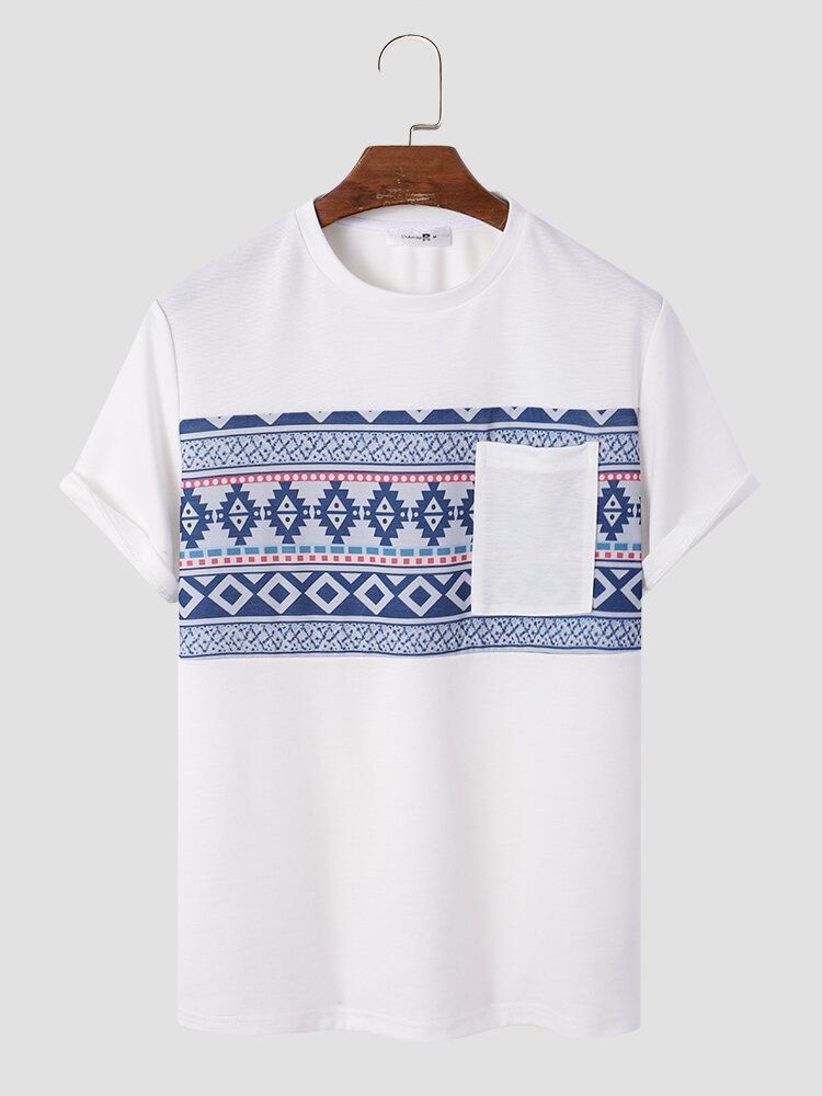 Herr Tribal Print Bröstficka Rundhals Mjuk Kortärmad Casual T-shirts