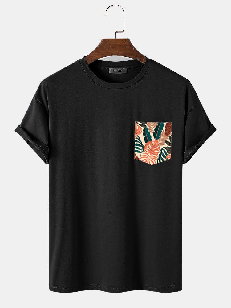 Herr Tropical Leaf Bröstficka Print Casual Kortärmade T-shirts