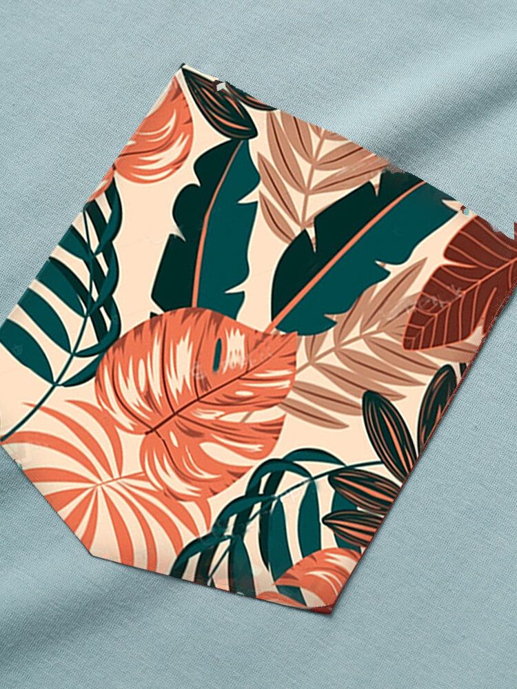 Herr Tropical Leaf Bröstficka Print Casual Kortärmade T-shirts