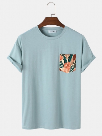 Herr Tropical Leaf Bröstficka Print Casual Kortärmade T-shirts