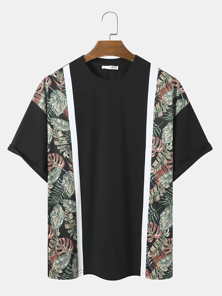 Herr Tropical Leaf Print Patchwork Crew Neck Mjuk Kortärmad Casual T-shirts