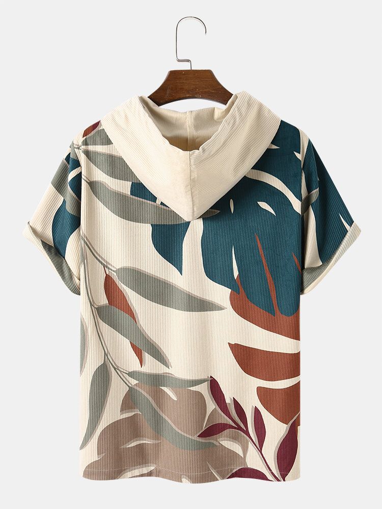 Herr Tropical Plant Print Corduroy Casual T-shirts Med Huva Med Kort Ärm