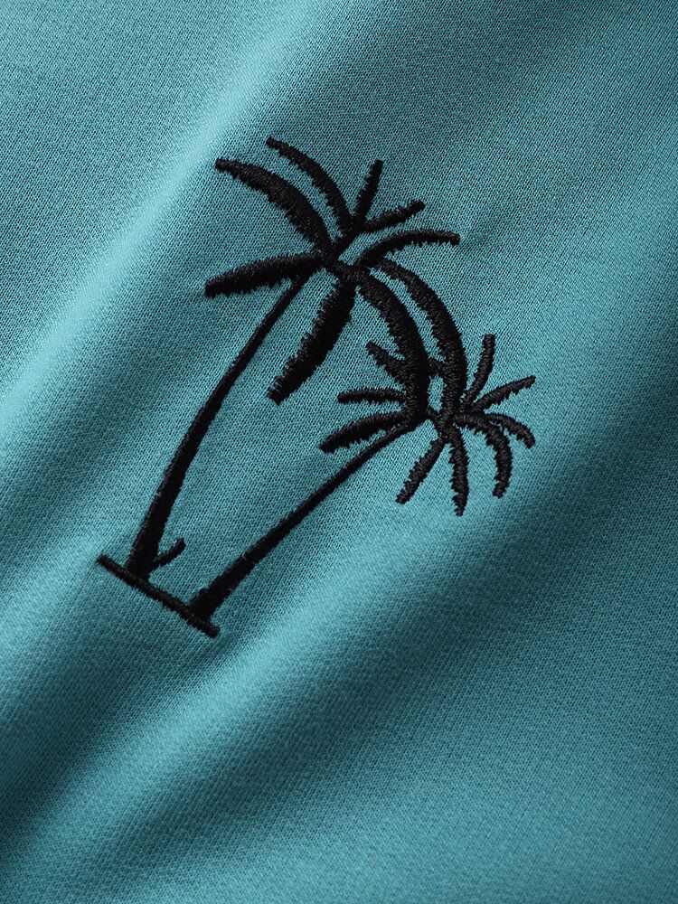 Hooded Coconut Tree Broderi Patchwork Drop Shoulder T-shirts För Män